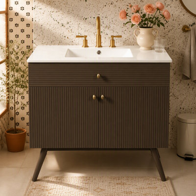 36" Luxury Striped Bathroom Vanity, Soft-Close Dual-Door Storage & Premium Ceramic Sink, Dark Brown