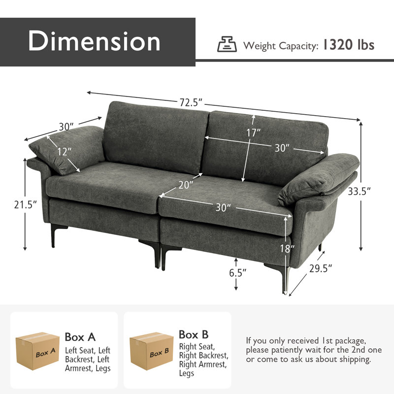 Jadaan Upholstered 72.5'' Sofa, Gray Linen Fabric
