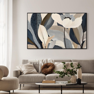 Extra Large Wall Art Fabric Print - Modern Neutral Tones Botanical Floral Illustrations Artwork Decor for Living Room or Bedroom - "Frame Assembly Required (Unfinished Frame)"