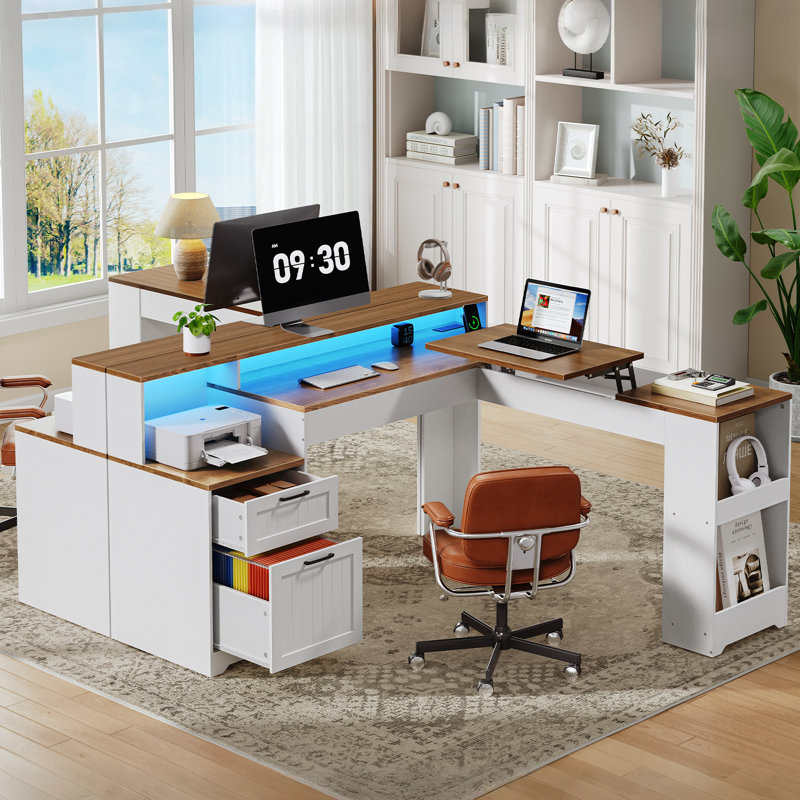 L-Shaped Desk With RGB Lighting & Power Outlets, Home Office Computer Desk With Drawers and Lift-Top Design
