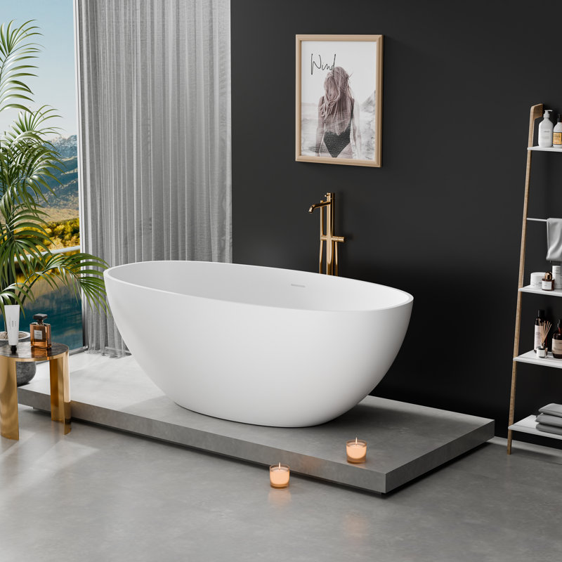61-Inch Matte White Solid Surface Freestanding Bathtub | Small Soaking Tub With Center Drain | Modern Oval Design