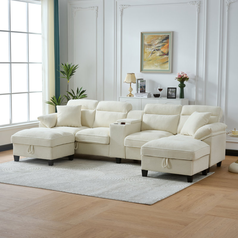 Canapé modulaire rembourré Corduroy, Velours côtelé beige