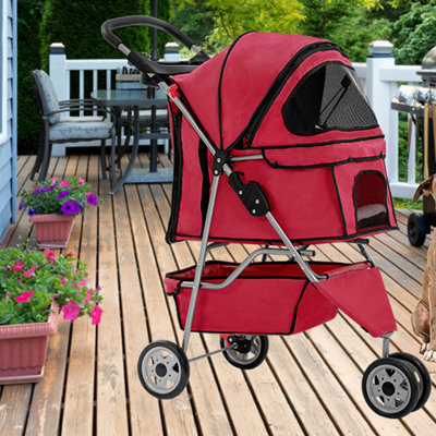 Pet Stroller 3-Wheel Foldable Cat Stroller Weatherproof Portable Travel Dog Stroller with Breathable Mesh Cover Cup Holder & Storage Basket for Small Medium Pets
