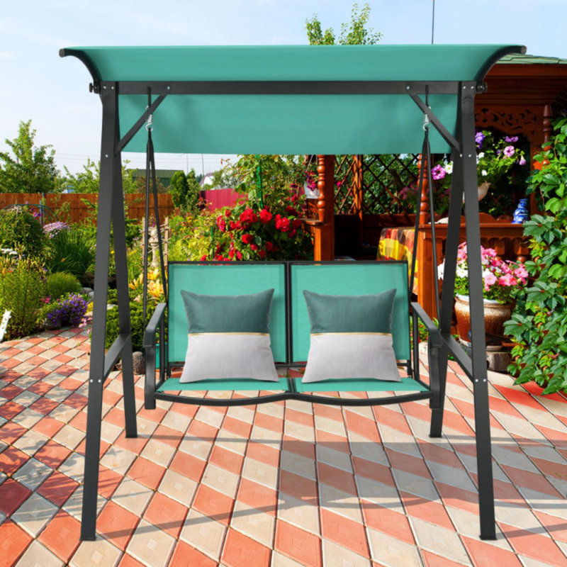 Green 2-Person Steel Frame Patio Swing with Adjustable Canopy