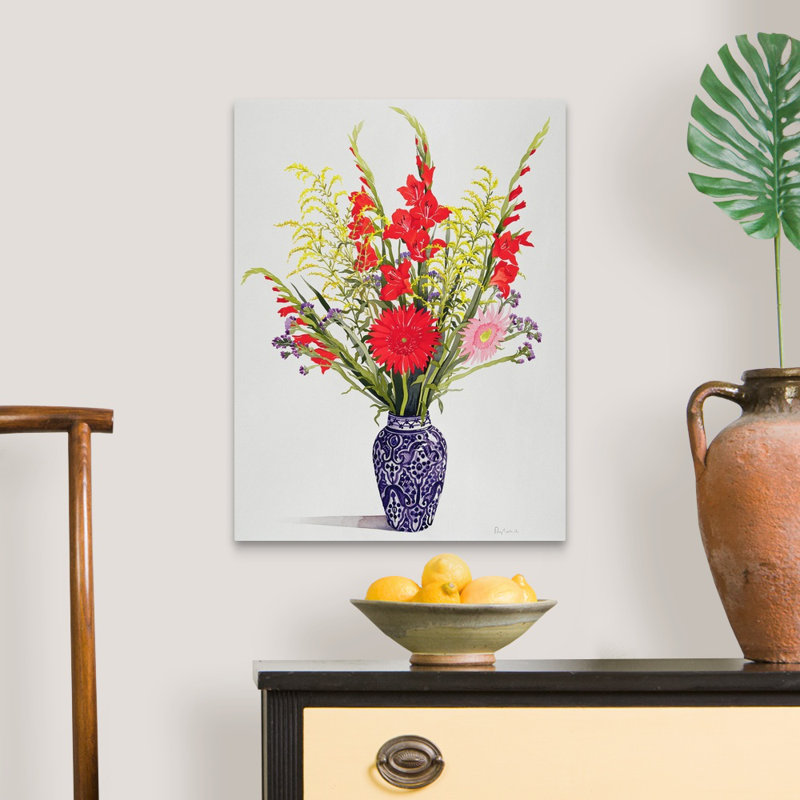 «Tiger Lilies, Gladioli, and Scabious in a Blue Moroccan Vase» par Christopher Ryland, reproduction sur toile, Toile tendue