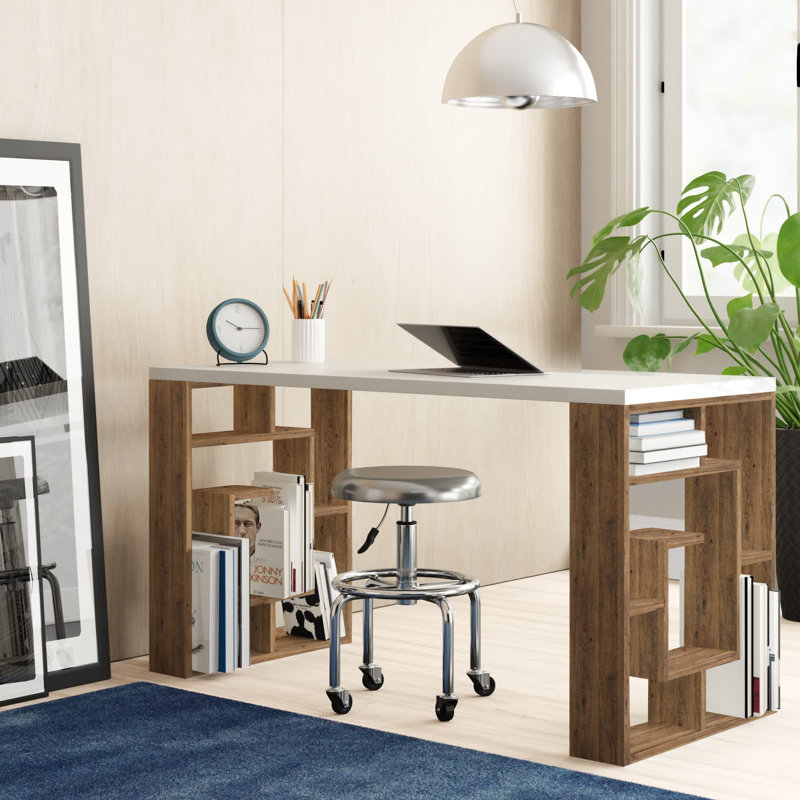 Labirent Modern Desk with Maze Design Legs, White/Dark Oak