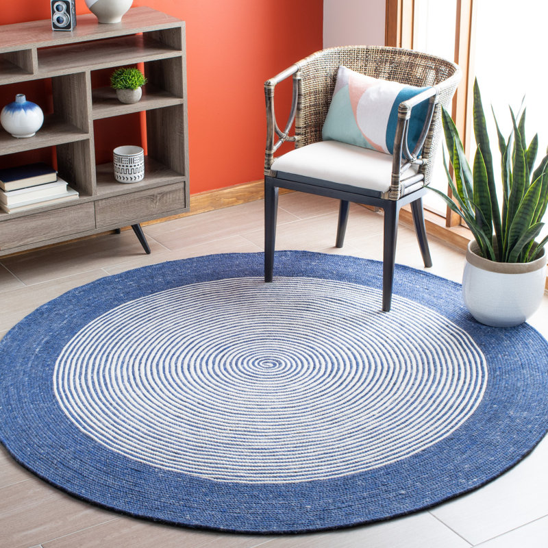Braided Hand Woven Wool/Cotton Abstract Rug in Navy/Ivory, Round 3'