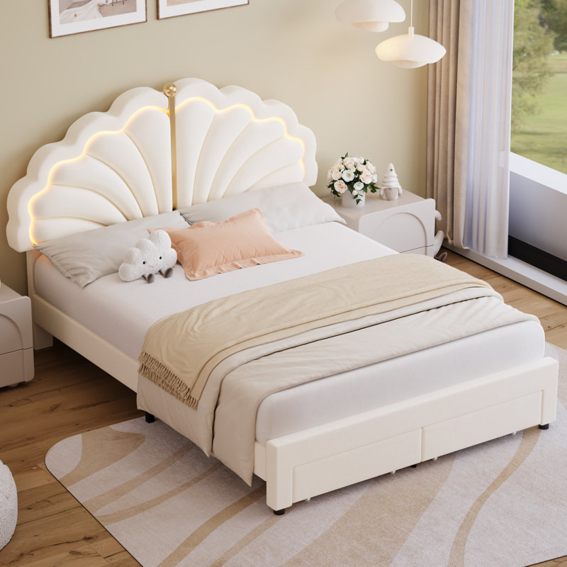 Upholstered Kids LED Bed Frame with Storage Drawers, Princess Platform Bed with Adjustable Headboard, Cream, Full / Double