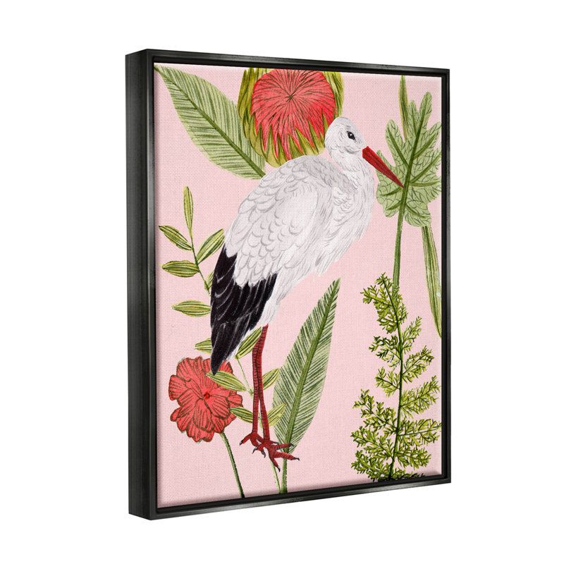 Giclée d'oiseaux botaniques roses par Melissa Wang, Cadre flottant noir de jais, H 21 po x l 17 po x P 1,7 po