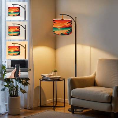  Arc Floor Lamp Cartoon summer beach vacation Tropical Palm tree ocean sea seashore Tall Modern Standing Lamp LED Adjustable Linen Lampshade 3 Color Temperatures