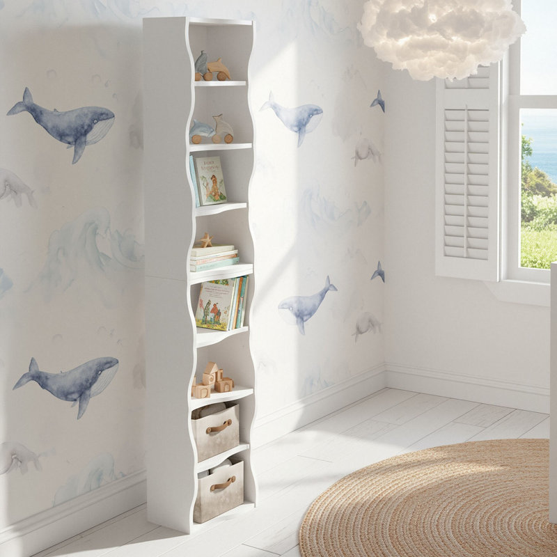 8-layer adjustable shelf thin bookshelf with a wavy border design, White