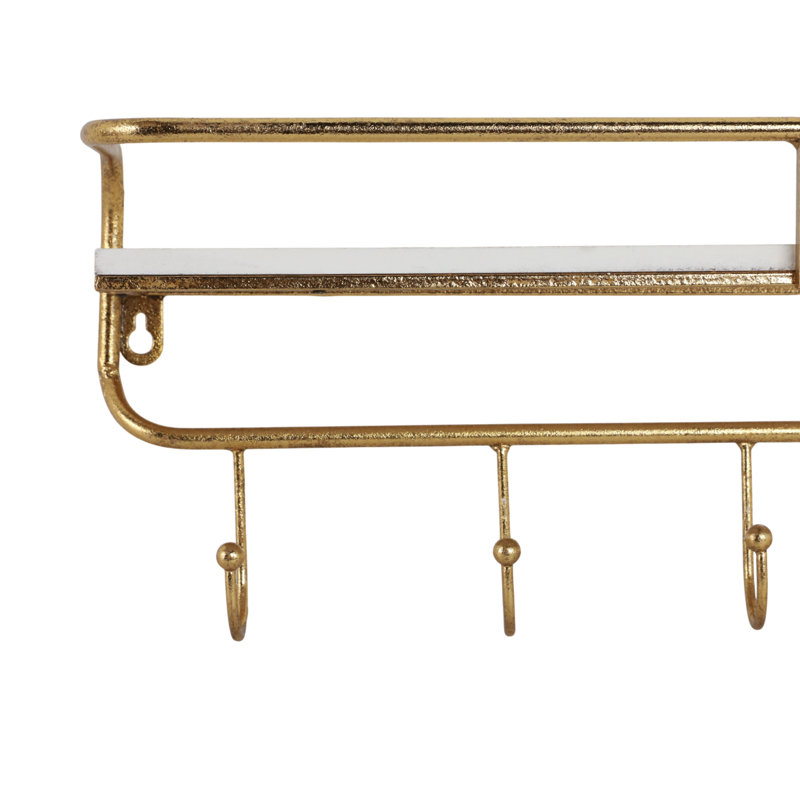 Tablette murale avec crochets en métal et bois avec rail et structure en fer, H 8 po x l 20 po x P 6 po, Doré