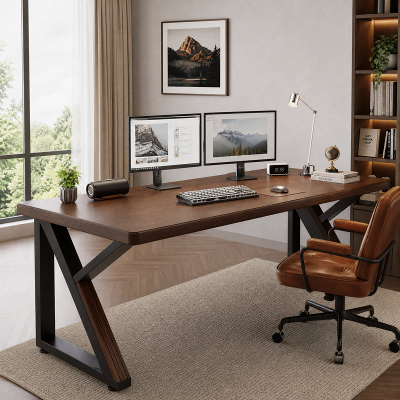 Bureau double extra long en bois massif de 63 pouces, bureau d'écriture pour bureau à domicile, avec bureau à finition épaissie, couleur noyer