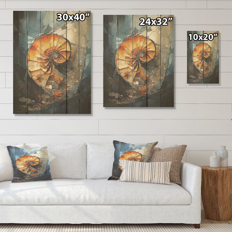 Golden Sea Sheel Spiral - Nautilus, art sur bois de pin naturel, H 20 po x l 10 po