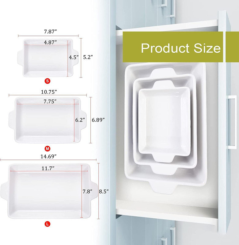 White Ceramic Non-stick Baking Dish Set with Handles, 12"/9"/7"