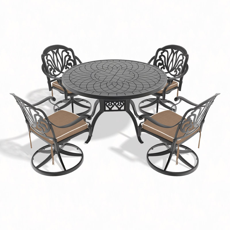 Ensemble de salle à manger 5 pièces en aluminium coulé résistant aux intempéries, comprenant 4 chaises pivotantes et une table ronde de 47,24 po avec cadre