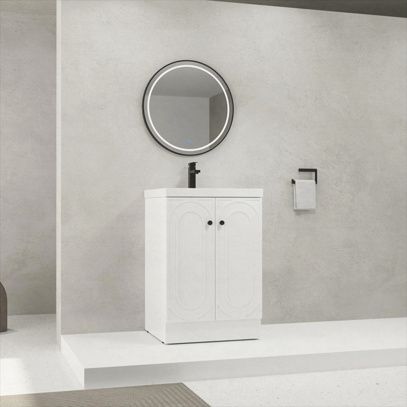 Évier de salle de bain autoportant en résine blanche et 2 portes d'armoire à fermeture en douceur, Blanc, 24"