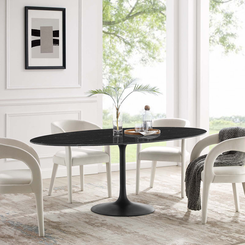 Black Oval Artificial Marble Dining Table with Metal Pedestal Base