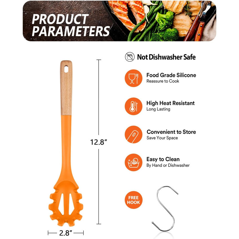 12.8-Inch Orange Silicone Pasta Fork Server