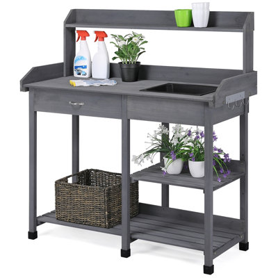Burroughs Fir Wood Outdoor Potting Bench with Sink Drawer