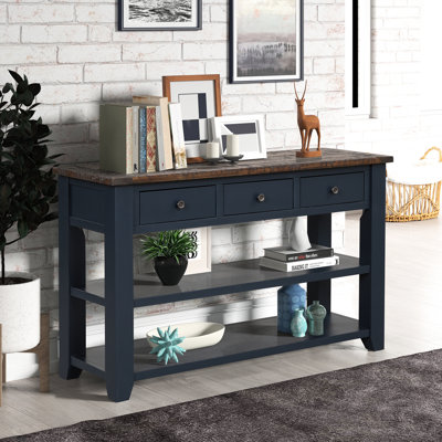 Table d'entrée 48 po en bois de pin avec 3 tiroirs et 2 tablettes, côté esthétique en bois massif, tiroirs de rangement, style américain, assemblage rapide