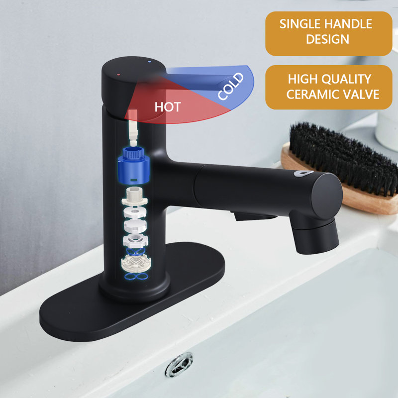 Robinet de salle de bain extractible, robinet de lavabo monotrou avec 3 modes de pulvérisation, Noir mat