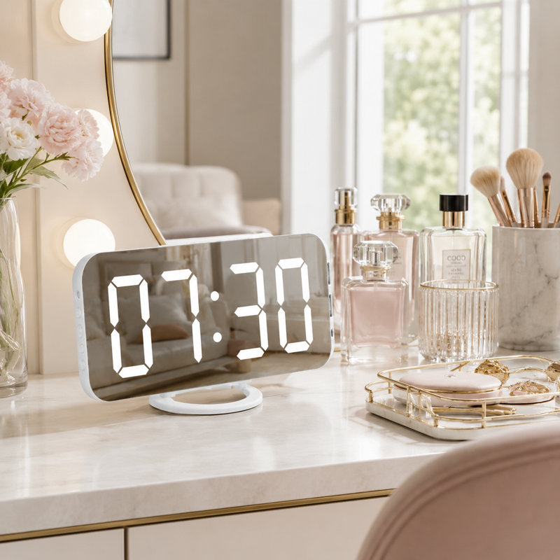 Réveil-matin numérique à surface dorée Elegant, White