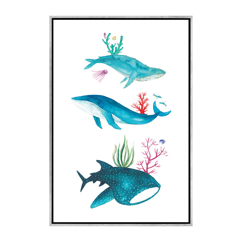Créatures de l'océan - impression, Pas de tapis, H 60 po x l 40po x P 1,5 po, Toile avec cadre argenté