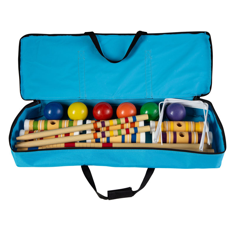 6-Player Croquet Set - Outdoor Games with Wood Mallets, Balls, Posts, Wickets, and Carry Case - Vintage Yard Games for Adults and Kids by Hey Play