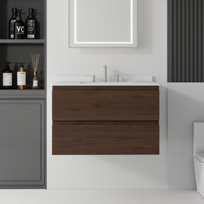 Meuble-lavabo suspendu de 76 cm avec lavabo en céramique, armoire en contreplaqué, comptoir et dosseret en marbre synthétique blanc de Carrare, 2 tiroirs à fermeture douce, brun (robinet non inclus)