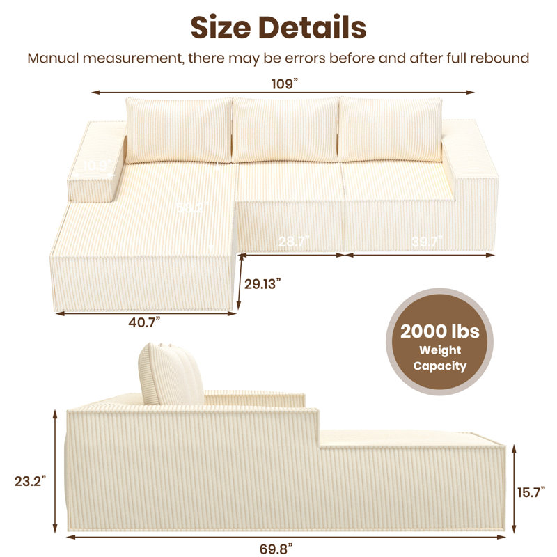 Canapé modulaire en forme de L de Boneless, Velours côtelé beige