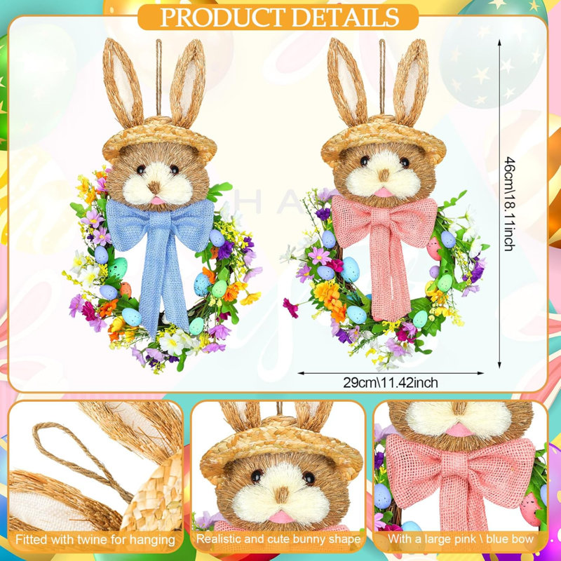 2 pièces Couronne de lapin de Pâques 18,1 "x 11,4" avec œufs colorés Couronne de Pâques artificielle fleurs mélangées Feuilles vertes suspendues en forme de lapin avec chapeau de paille et arc pour le mur de la porte d'entrée
