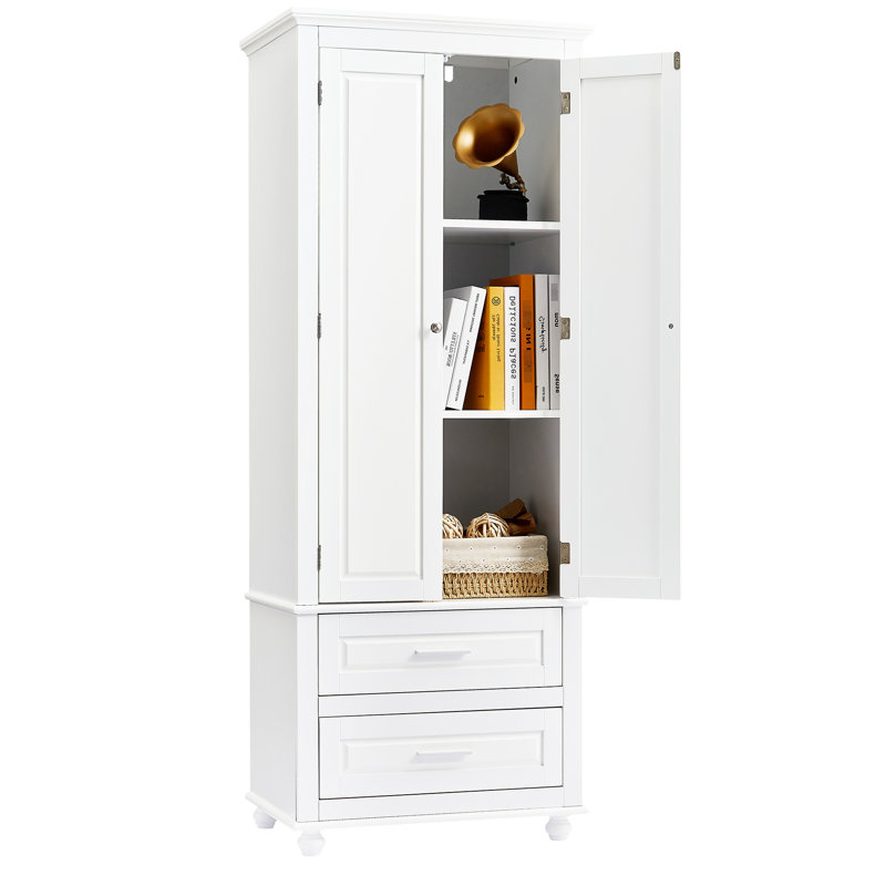 Grande armoire blanche avec deux tiroirs et une tablette réglable pour le rangement de la cuisine - Matériau, glissières de tiroir en métal, poignées à charnières basculantes, disposition