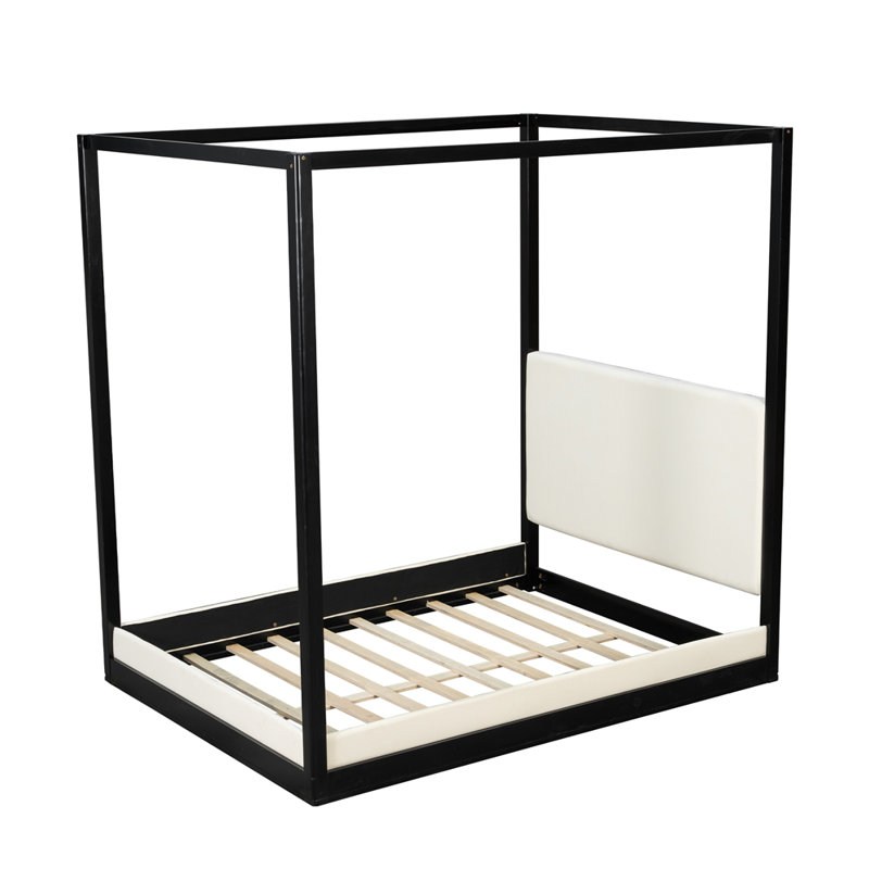 Lit plateforme à baldaquin en bois avec tête de lit tapissier, Très grand lit, Espresso