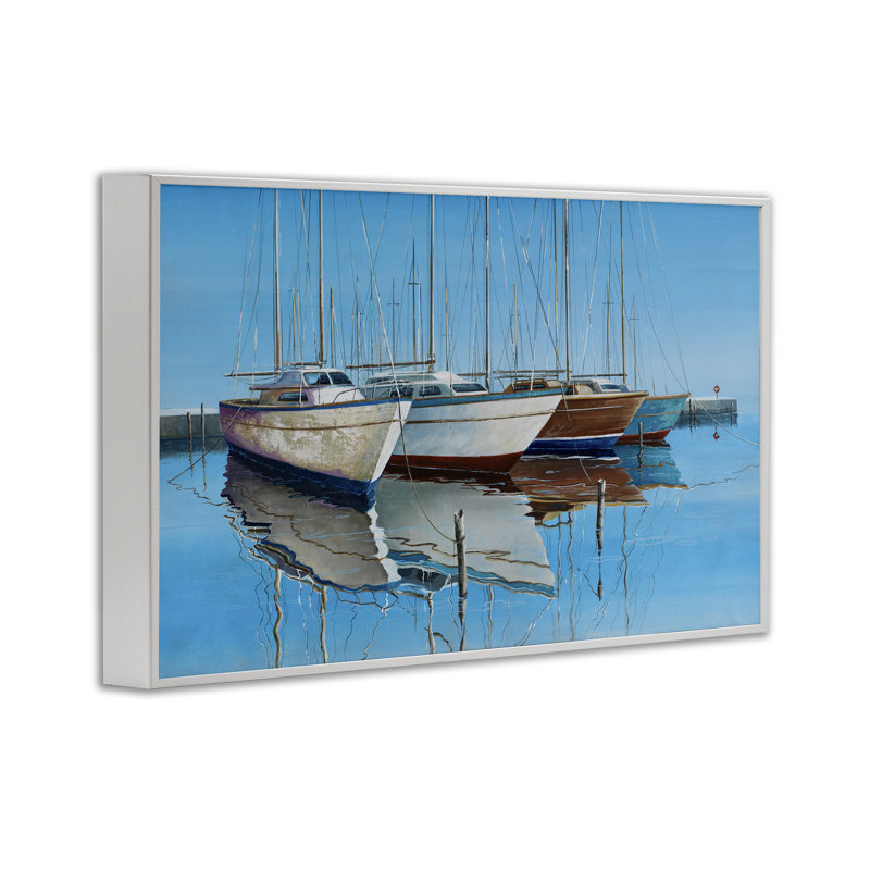 Quatre bateaux à quai, estampe numérique par Max Maxx, Estampe numérique encadrée blanc bord de mer, H 16 po x l 24 po