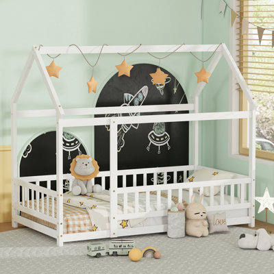 Kids House Floor Wooden Bed With Roof Frame, Safety Guardrails