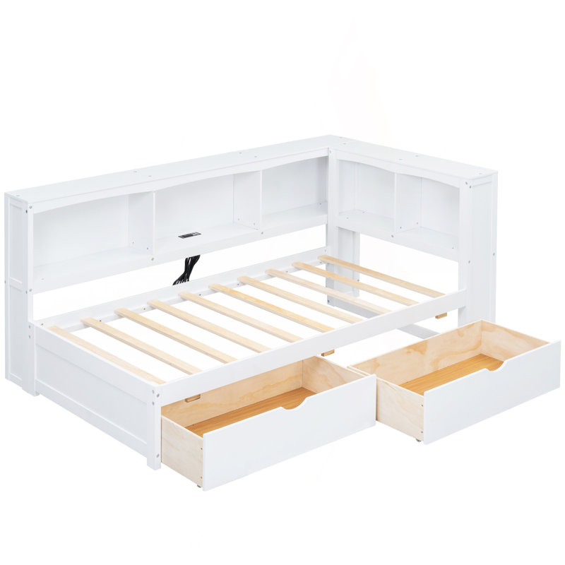 Lit de jour simple avec deux tiroirs de rangement, armoires de rangement et ports USB, blanc