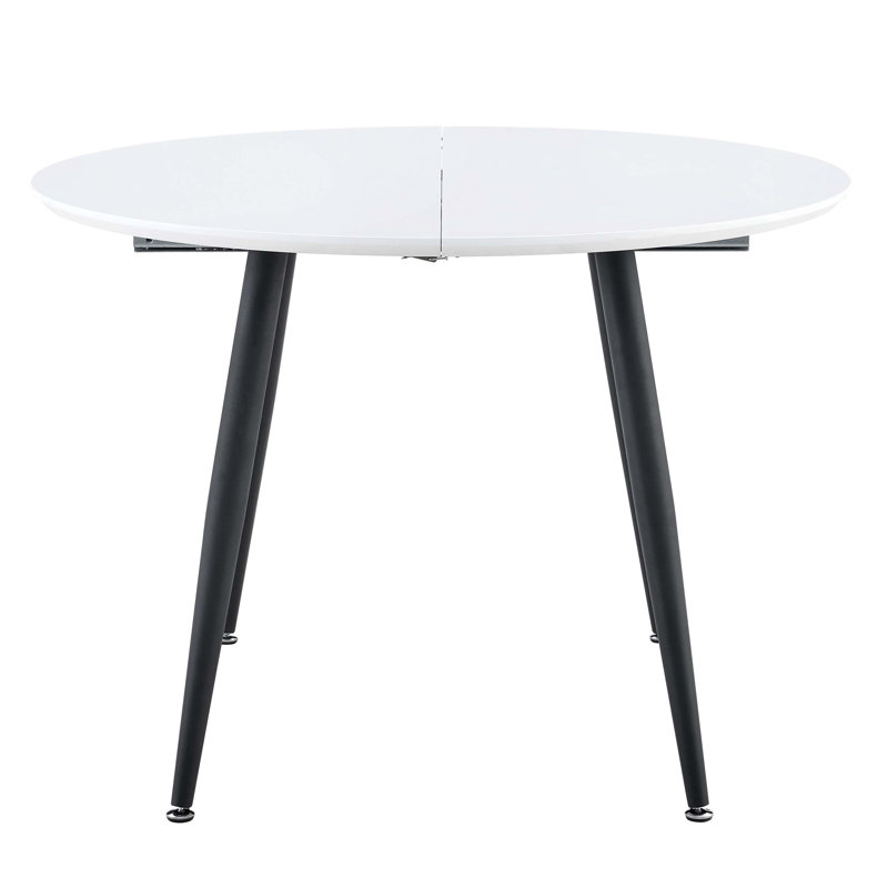 Table de salle à manger télescopique en panneau de fibres à densité moyenne, plateau de table lisse blanc avec pieds en métal noir