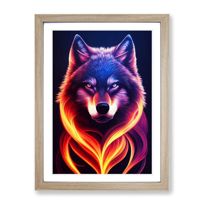 Wolf Flames - Wall Art, 36cm H x 27cm W, Oak Framed Paper, White