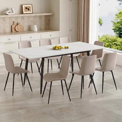 Welles Extendable Dining Table Set For 4-8, Modern Marble Patterned Wood Kitchen & Dining Room Set With Expandable Table And Upholstered Chairs, Space-Saving Dining Set For Apartment & Dining Room
