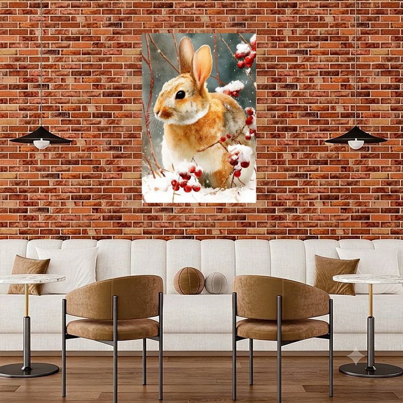 Hiver, lapin et baies, paisible, serein, abstrait, forêt, nature, art mural, 48" H x 32" W