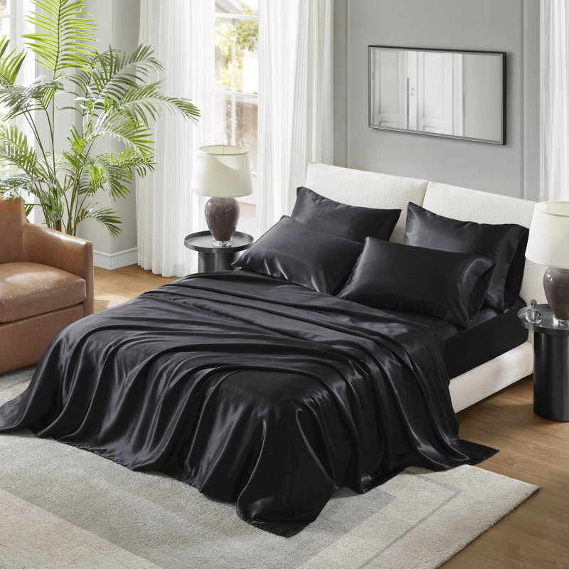 Taies d'oreiller en satin de luxe 2 pièces, Noir, Taie d’oreiller standard