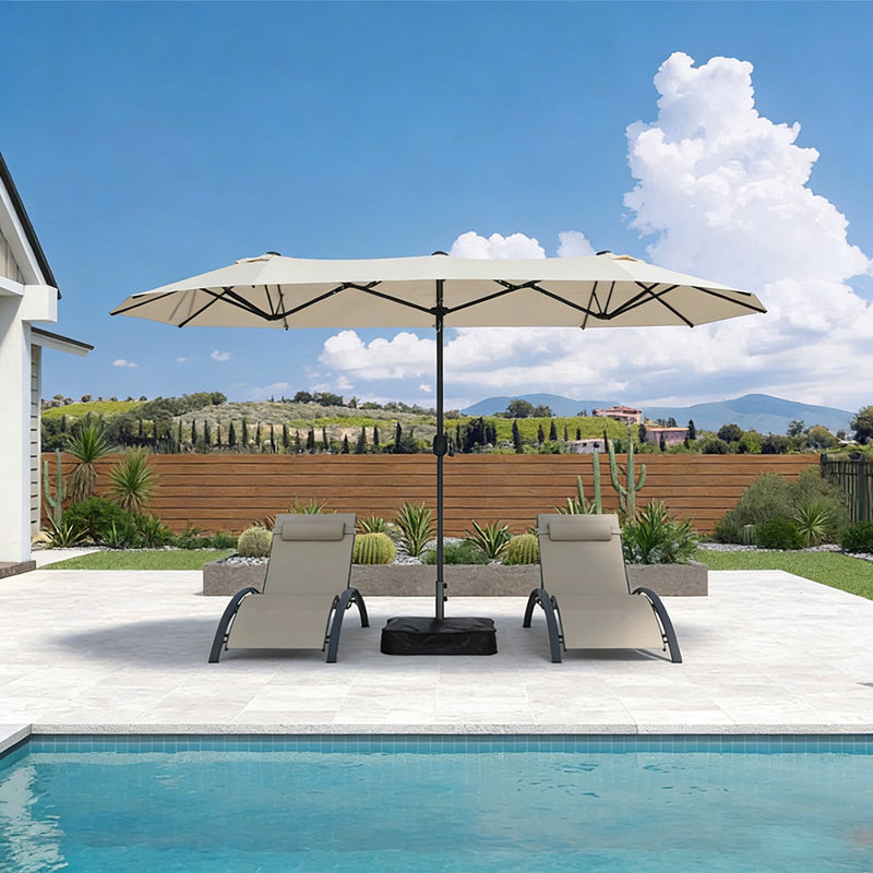 15Ft Rectangle Outdoor Garden Table Umbrella With 69.3" Long Reclining Chaise Lounge, Beige Frame/Beige Umbrella