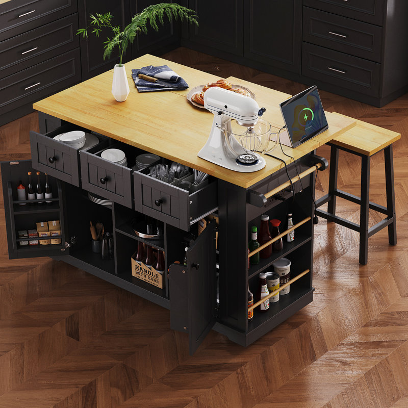 53Inch Large Kitchen Island With Drop Leaf, Power Outlet, Door Internal Storage Rack, Rolling Kitchen Cart On 5 Wheels With 5 Open Side Racks For Kitchen, Dining Room,Black(Not Include Bar Stools)