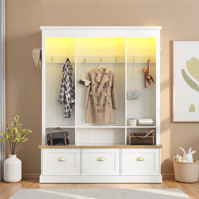 Elegant Hall Tree With App Controlled Led Light, 9 Hooks, Storage Bench, 3 Large Cabinets And Open Shelves, White