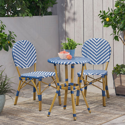 Ensemble bistro d'extérieur en aluminium 3 pièces, bleu marine, avec finition en bambou