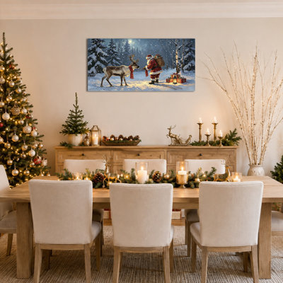 Tableau de Noël sur toile, motif Père Noël, scène hivernale vintage avec traîneau et rennes, décoration murale traditionnelle pour salon, foyer ou entrée, prêt à accrocher, 61 x 30,5 cm