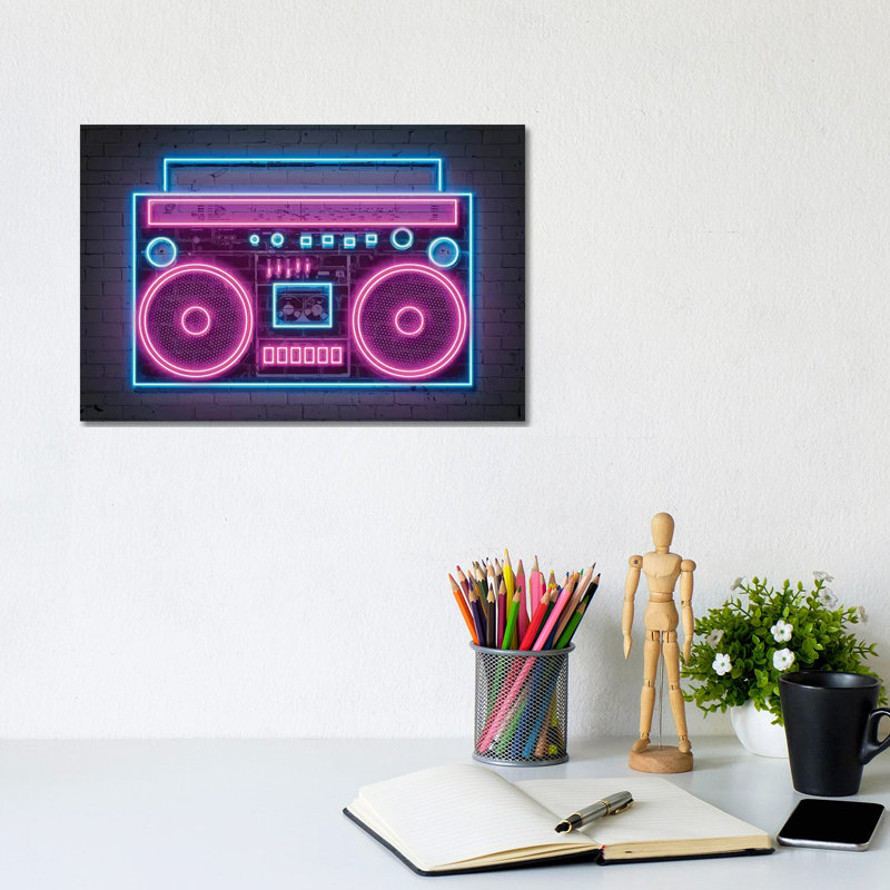 Reproduction d’art graphique « Boombox Neon » par octave Mielu, Pas de tapis, Toile tendue, H 8 po x l 12 po x P 0,75 po