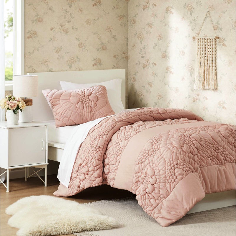 Édredon très grand rose à motif floral, tricoté et facile d'entretien taille 3, texture touffue romantique