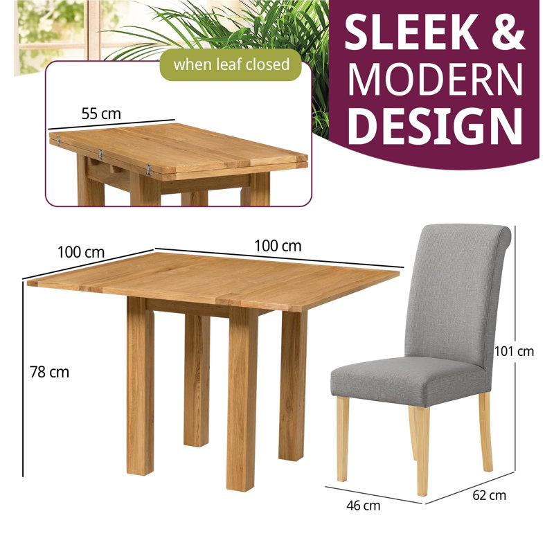 4-Person Small Folding Oak Dining Set with Grey Upholstered Chairs